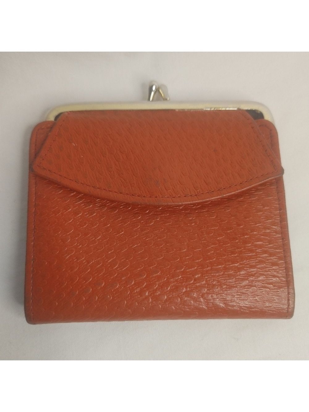 Vintage 70s Orange Ostrich Grained Cowhide Leather Women's Kiss Lick Coin Purse